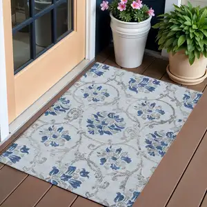 Photo of Sky Blue And Gray Floral Washable Indoor Outdoor Area Rug