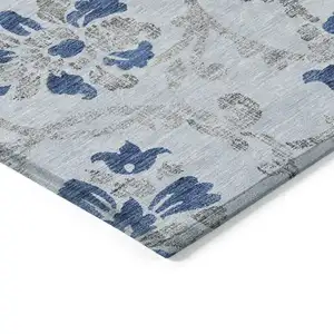 Photo of Sky Blue And Gray Floral Washable Indoor Outdoor Area Rug