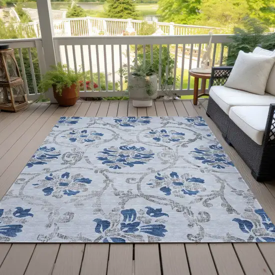 Sky Blue And Gray Floral Washable Indoor Outdoor Area Rug Photo 6