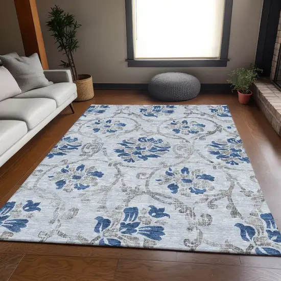 Sky Blue And Gray Floral Washable Indoor Outdoor Area Rug Photo 7