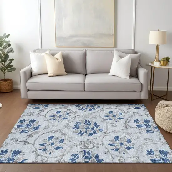 Sky Blue And Gray Floral Washable Indoor Outdoor Area Rug Photo 8