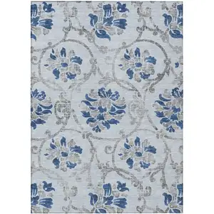 Photo of Sky Blue And Gray Floral Washable Indoor Outdoor Area Rug