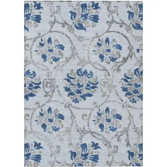 Sky Blue And Gray Floral Washable Indoor Outdoor Area Rug Photo 1