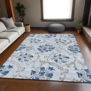 Photo of Sky Blue And Gray Floral Washable Indoor Outdoor Area Rug