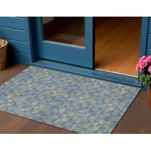 Photo of Sky Blue And Gray Geometric Washable Indoor Outdoor Area Rug