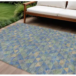 Photo of Sky Blue And Gray Geometric Washable Indoor Outdoor Area Rug