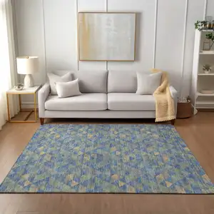 Photo of Sky Blue And Gray Geometric Washable Indoor Outdoor Area Rug