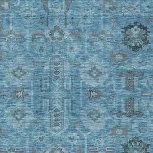 Photo of Sky Blue And Gray Oriental Washable Indoor Outdoor Area Rug