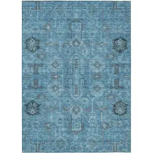 Photo of Sky Blue And Gray Oriental Washable Indoor Outdoor Area Rug