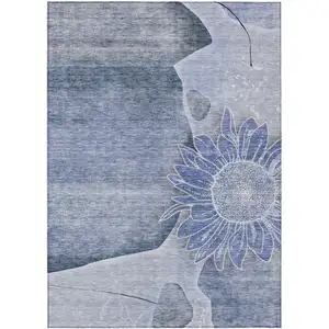 Photo of Sky Blue And Indigo Floral Washable Indoor Outdoor Area Rug