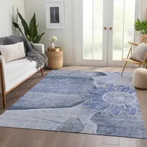 Photo of Sky Blue And Indigo Floral Washable Indoor Outdoor Area Rug