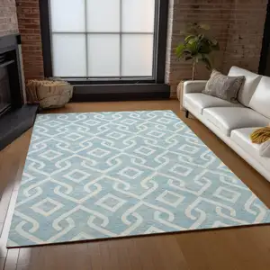 Photo of Sky Blue And Ivory Geometric Washable Indoor Outdoor Area Rug