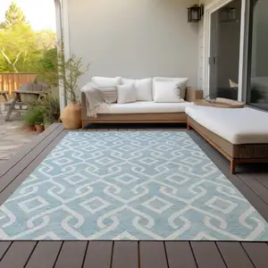 Photo of Sky Blue And Ivory Geometric Washable Indoor Outdoor Area Rug