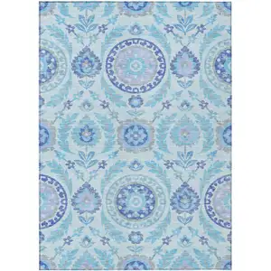 Photo of Sky Blue And Lavender Floral Washable Indoor Outdoor Area Rug