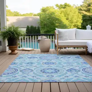 Photo of Sky Blue And Lavender Floral Washable Indoor Outdoor Area Rug