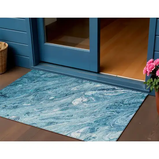 Sky Blue And Navy Blue Abstract Washable Indoor Outdoor Area Rug Photo 1