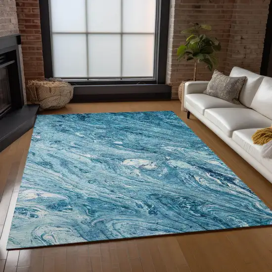 Sky Blue And Navy Blue Abstract Washable Indoor Outdoor Area Rug Photo 9