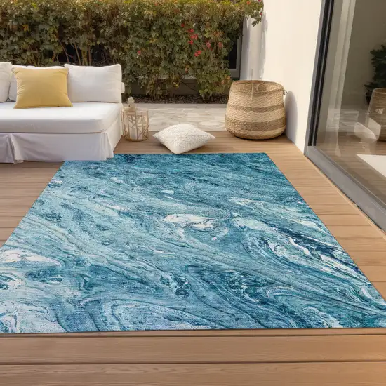 Sky Blue And Navy Blue Abstract Washable Indoor Outdoor Area Rug Photo 7