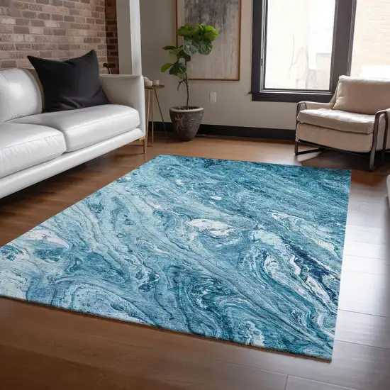 Sky Blue And Navy Blue Abstract Washable Indoor Outdoor Area Rug Photo 8