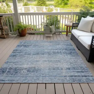 Photo of Sky Blue And Navy Blue Abstract Washable Indoor Outdoor Area Rug