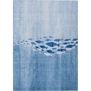 Photo of Sky Blue And Navy Blue Nautical Washable Indoor Outdoor Area Rug