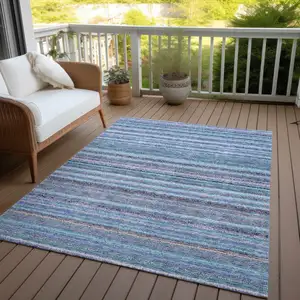 Photo of Sky Blue And Navy Blue Striped Washable Indoor Outdoor Area Rug