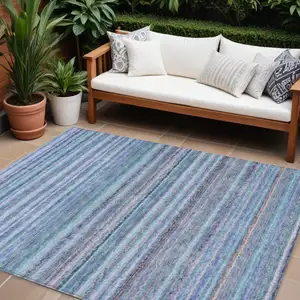 Photo of Sky Blue And Navy Blue Striped Washable Indoor Outdoor Area Rug