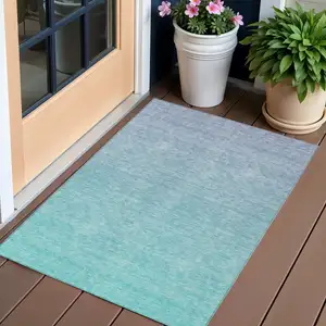 Photo of Sky Blue And Teal Blue Ombre Washable Indoor Outdoor Area Rug