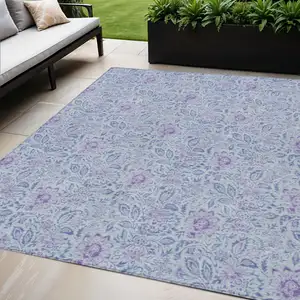 Photo of Sky Blue Blue And Purple Floral Washable Indoor Outdoor Area Rug