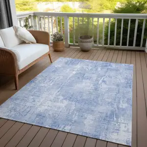 Photo of Sky Blue Denim Blue And Ivory Abstract Washable Indoor Outdoor Area Rug