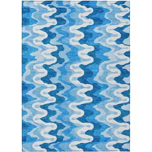 Photo of Sky Blue Denim Blue And Ivory Abstract Washable Indoor Outdoor Area Rug