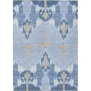 Photo of Sky Blue Denim Blue And Ivory Ikat Washable Indoor Outdoor Area Rug