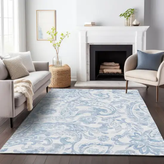 Sky Blue Denim Blue And Ivory Paisley Washable Indoor Outdoor Area Rug Photo 9