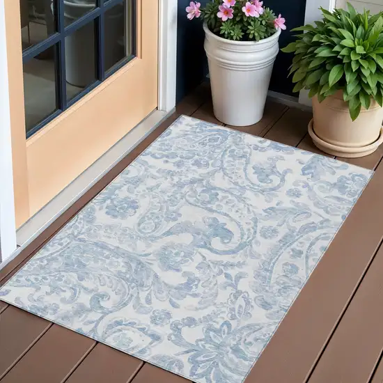 Sky Blue Denim Blue And Ivory Paisley Washable Indoor Outdoor Area Rug Photo 1