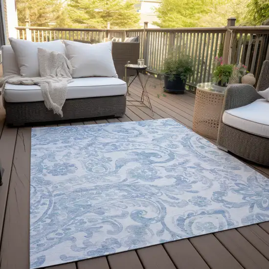 Sky Blue Denim Blue And Ivory Paisley Washable Indoor Outdoor Area Rug Photo 8