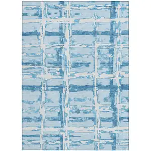 Photo of Sky Blue Denim Blue And Ivory Striped Washable Indoor Outdoor Area Rug