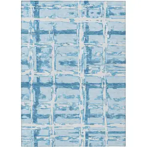 Photo of Sky Blue Denim Blue And Ivory Striped Washable Indoor Outdoor Area Rug