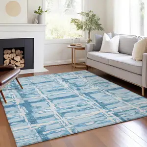 Photo of Sky Blue Denim Blue And Ivory Striped Washable Indoor Outdoor Area Rug