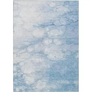 Photo of Sky Blue Denim Blue And Silver Abstract Washable Indoor Outdoor Area Rug