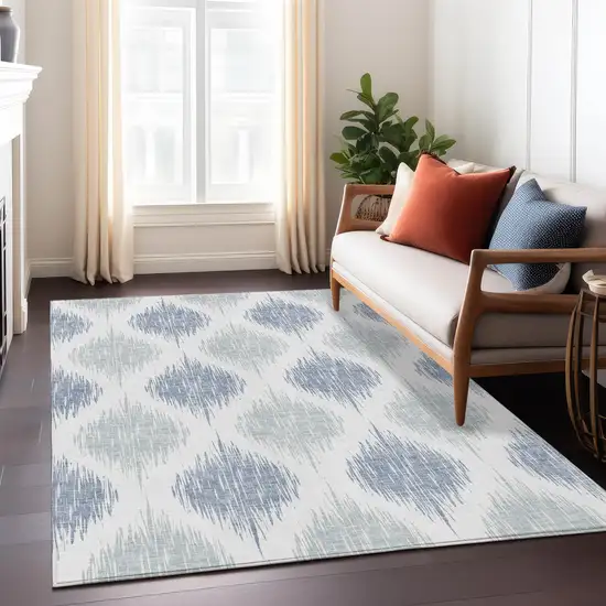 Sky Blue Ivory And Denim Blue Ikat Washable Indoor Outdoor Area Rug Photo 9