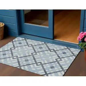 Photo of Sky Blue Navy Blue And Ivory Geometric Washable Indoor Outdoor Area Rug