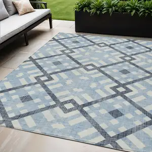 Photo of Sky Blue Navy Blue And Ivory Geometric Washable Indoor Outdoor Area Rug