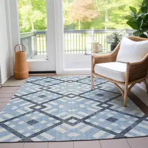 Photo of Sky Blue Navy Blue And Ivory Geometric Washable Indoor Outdoor Area Rug