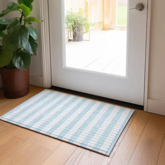 Sky Blue Striped Washable Non Skid Indoor Outdoor Area Rug Photo 9