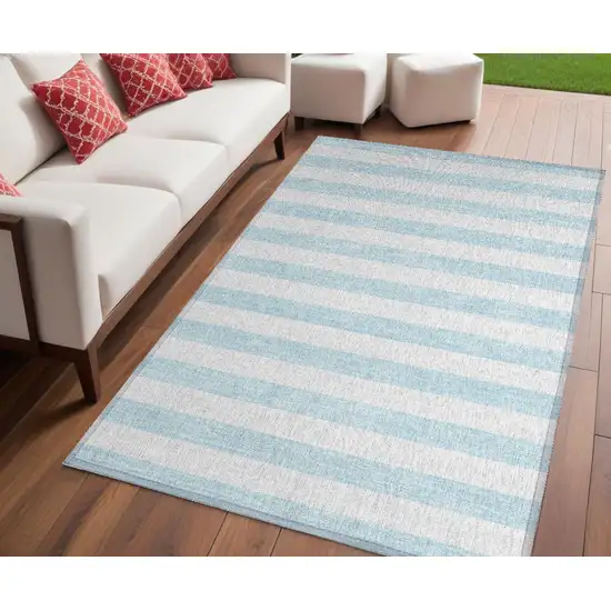 Sky Blue Striped Washable Non Skid Indoor Outdoor Area Rug Photo 1