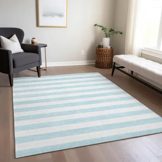 Sky Blue Striped Washable Non Skid Indoor Outdoor Area Rug Photo 8