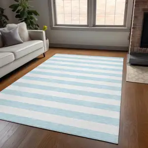 Photo of Sky Blue Striped Washable Non Skid Indoor Outdoor Area Rug