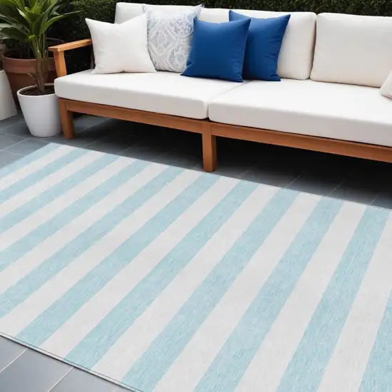 Blue and White Striped Washable Indoor Outdoor Area Rug Photo 1