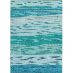 Photo of Sky Blue Teal Blue And Aqua Striped Washable Indoor Outdoor Area Rug