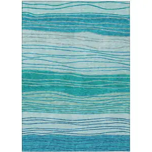 Photo of Sky Blue Teal Blue And Aqua Striped Washable Indoor Outdoor Area Rug